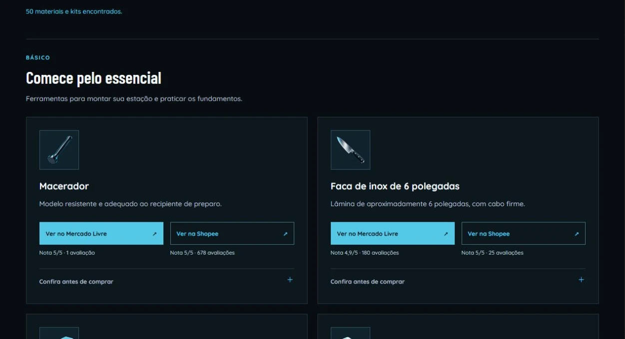 Captura da Loja do Alquimista com categorias, ícones de materiais e links de indicação.