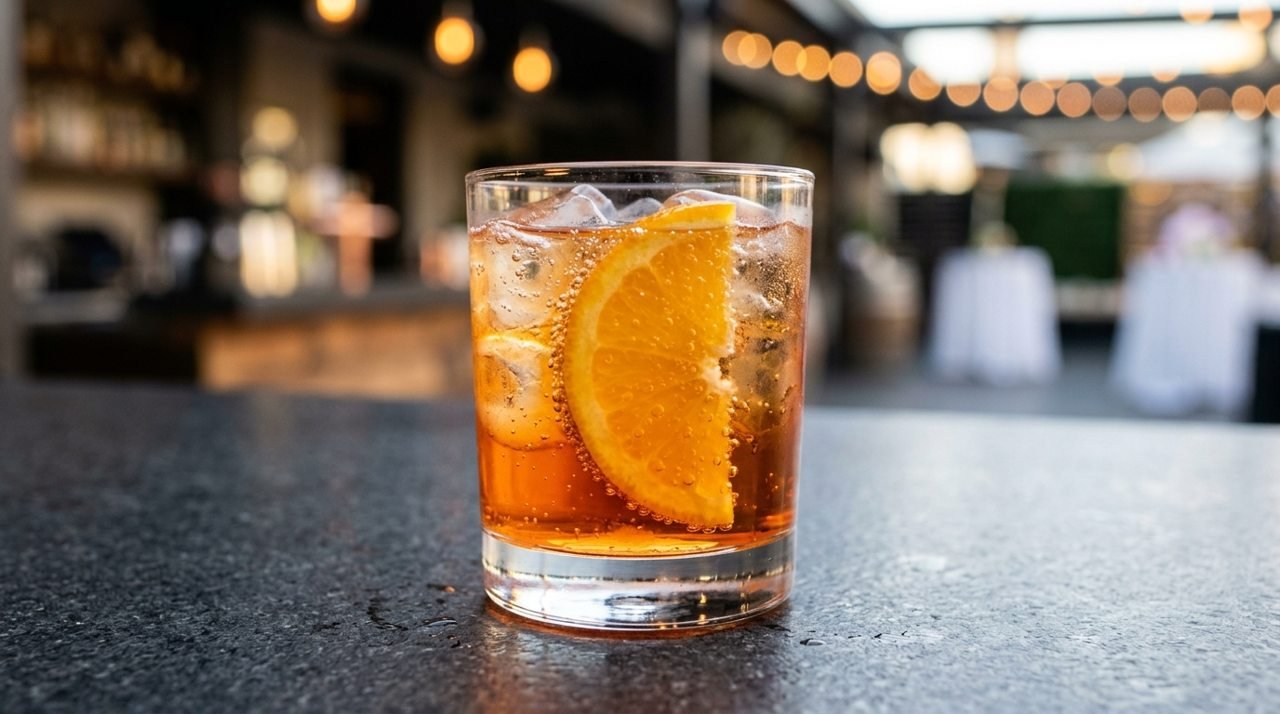 Aperol Spritz alaranjado com gelo e laranja dentro de um copo transparente.