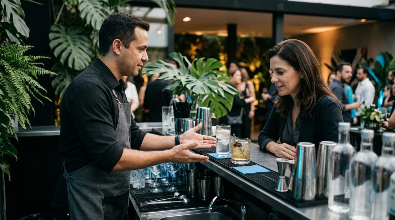 Bartender oferece água a uma convidada diante do balcão do evento.