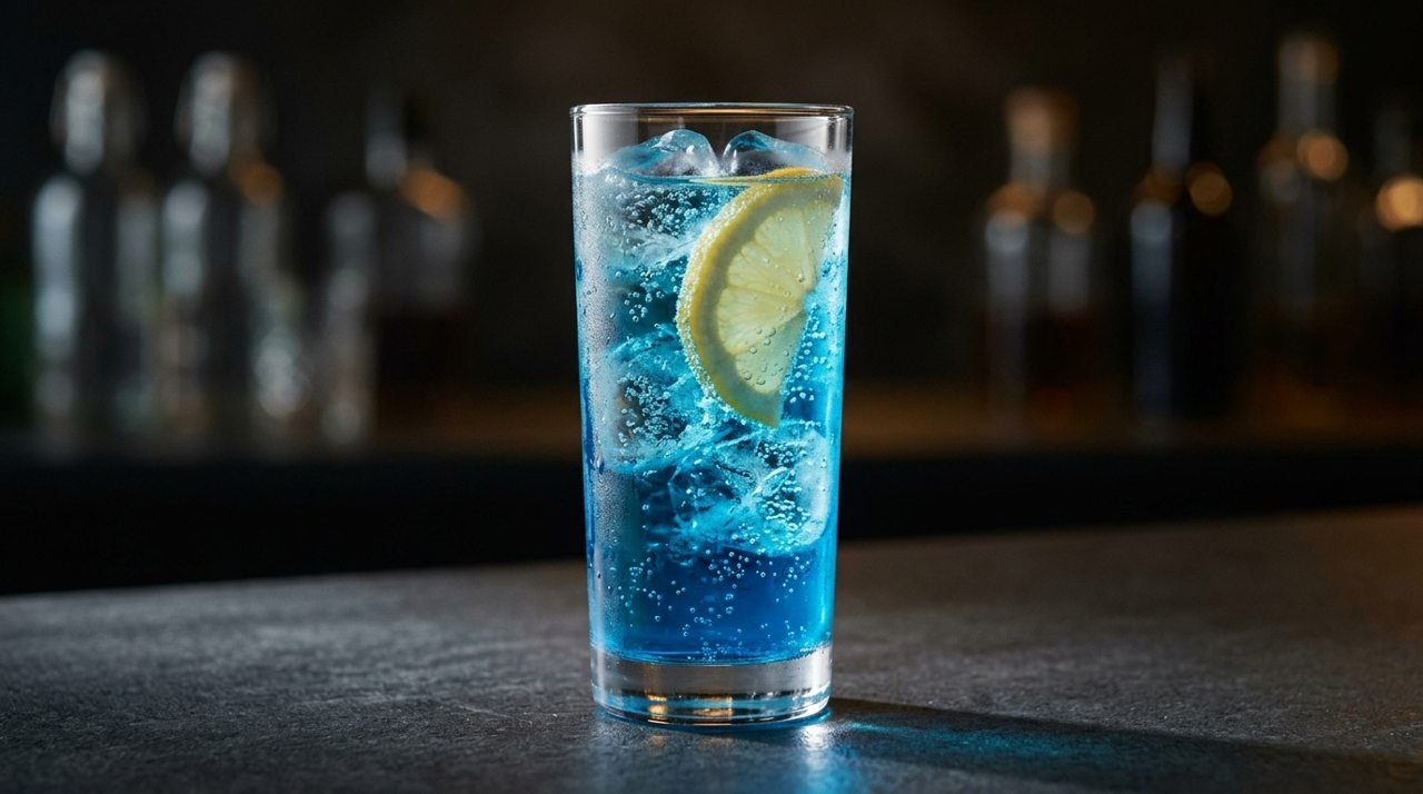Blue Lagoon azul com cubos de gelo e meia-lua de limão dentro do copo.