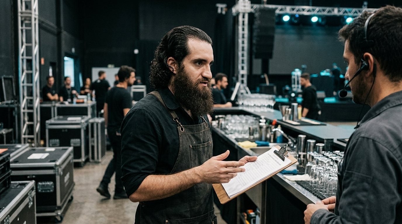 Bartender conversa com um profissional da produção enquanto revisa uma prancheta no espaço do evento.