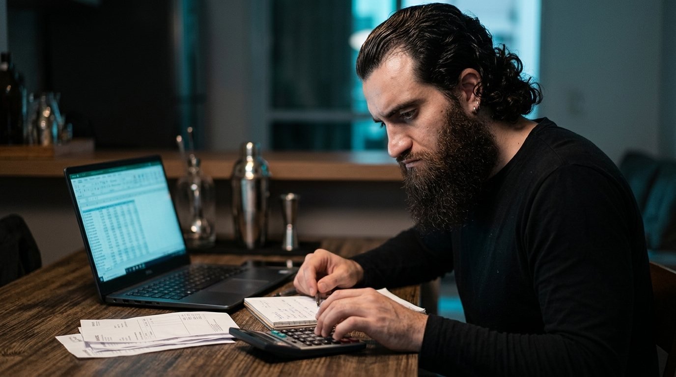 Bartender faz contas em uma calculadora e registra um orçamento ao lado de um notebook.