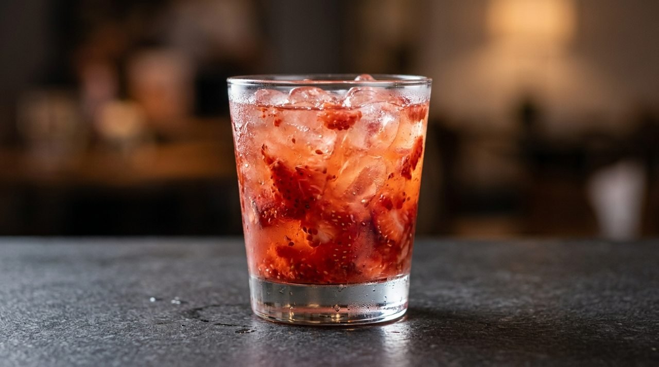 Caipifruta vermelha com pedaços de morango e gelo em copo baixo.