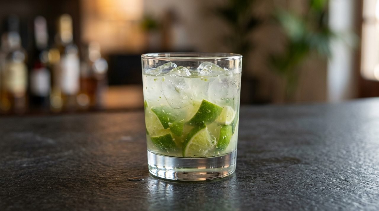 Caipirinha com gomos de limão macerados e gelo em copo baixo.
