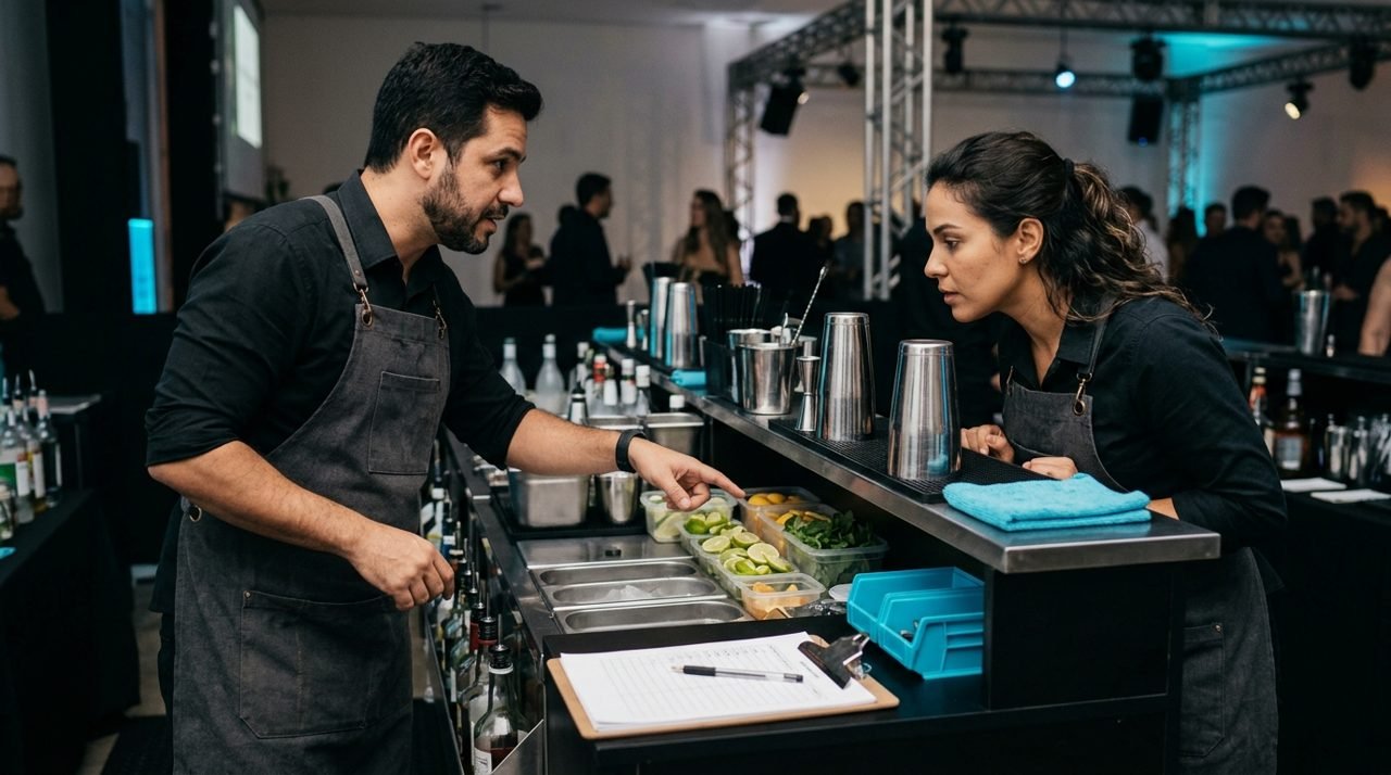 Dois bartenders conversam e apontam para os ingredientes da bancada.