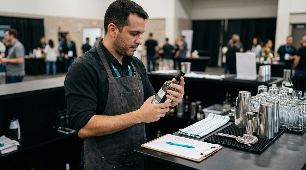 Bartender examina uma garrafa ao lado da ficha e dos materiais de serviço.