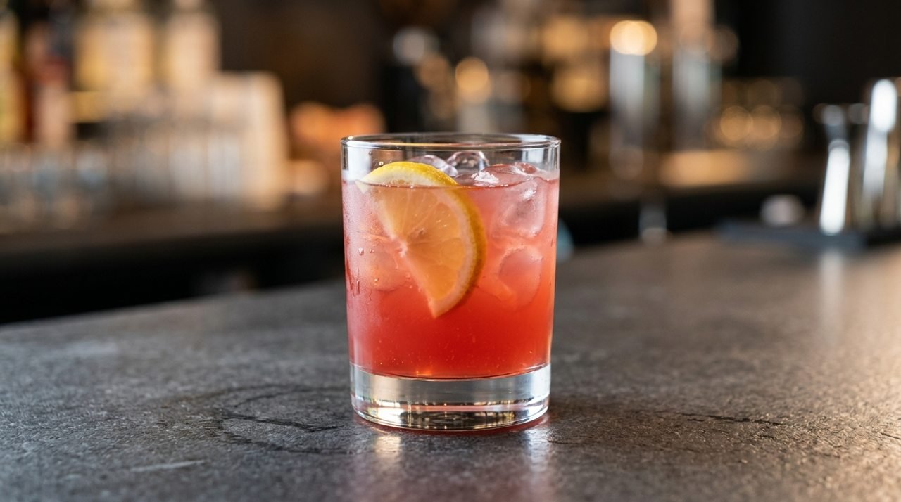 Cosmopolitan rosado servido com gelo e meia-lua de limão em copo transparente.