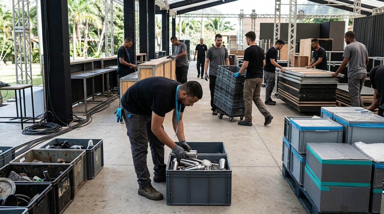 Equipe recolhe utensílios e equipamentos em caixas após um evento.