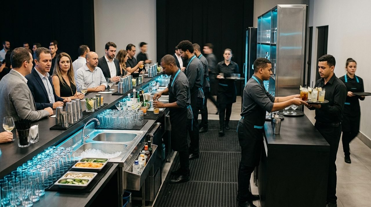 Equipe atende convidados ao longo de uma estação de bar movimentada.
