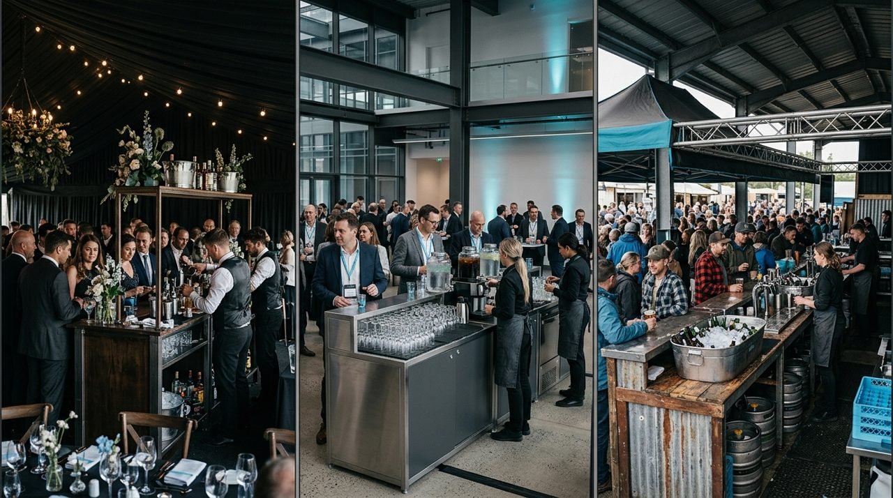 Composição com estações de bar em três ambientes de eventos.