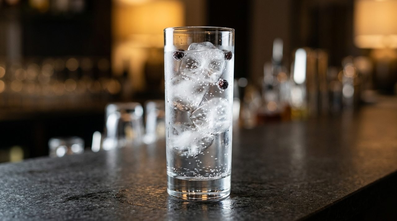 Gin tônica transparente com cubos de gelo e pequenas especiarias no copo alto.