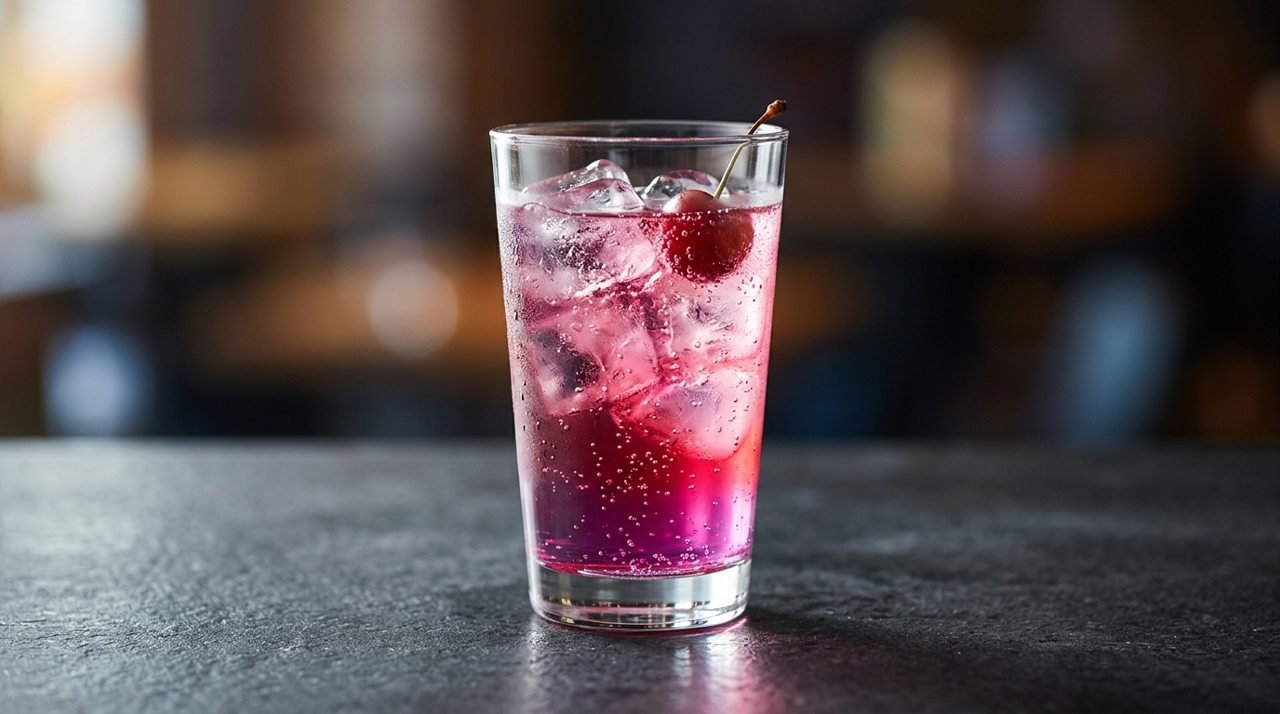 Kir Royale rosado com gelo e cereja vermelha dentro do copo alto.
