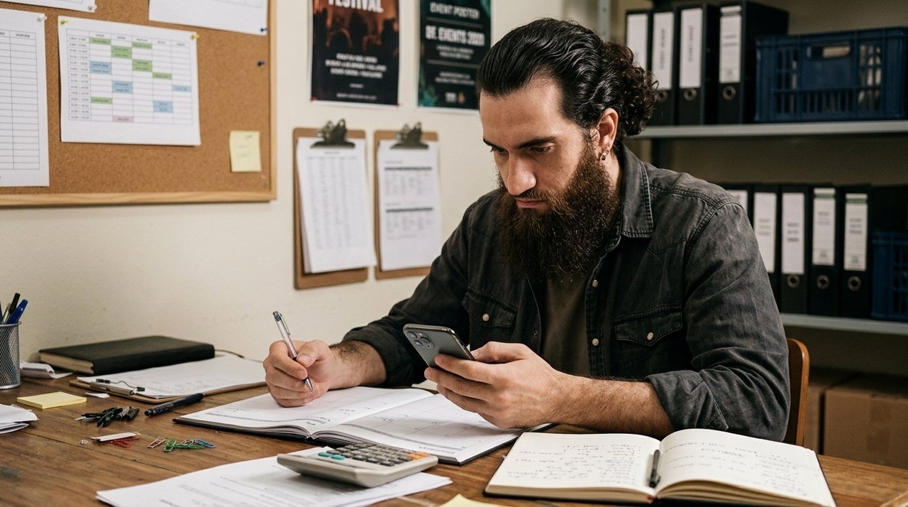 Pessoa confere informações no celular e em uma agenda, com calculadora sobre a mesa.