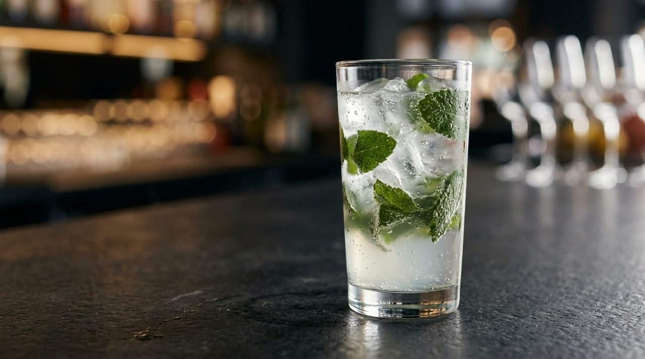 Mojito claro com gelo e folhas de hortelã dentro do copo alto.