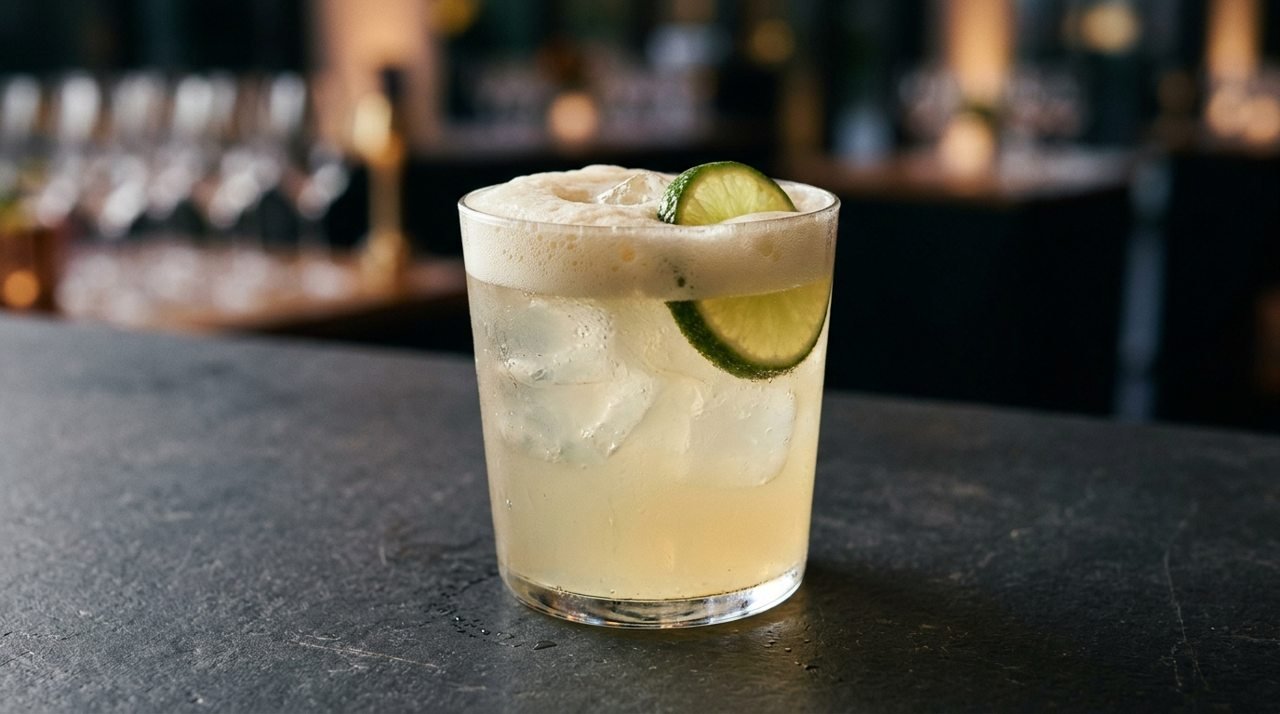 Moscow Mule claro com gelo, espuma e uma fatia de limão próxima à borda.