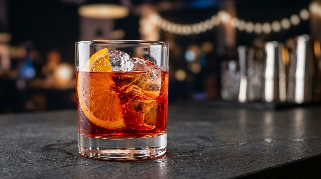Negroni vermelho-rubi com gelo e meia-lua de laranja dentro do copo baixo.