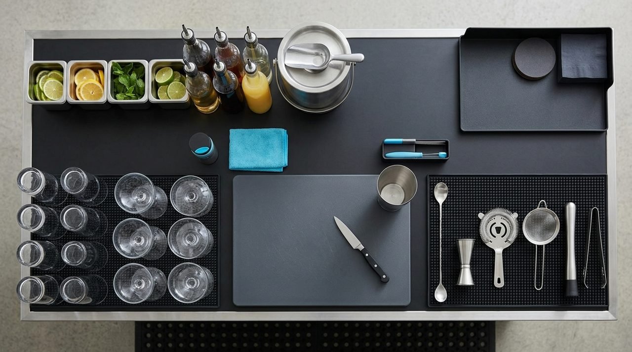 Vista superior de bancada com ingredientes, utensílios e copos separados por área.