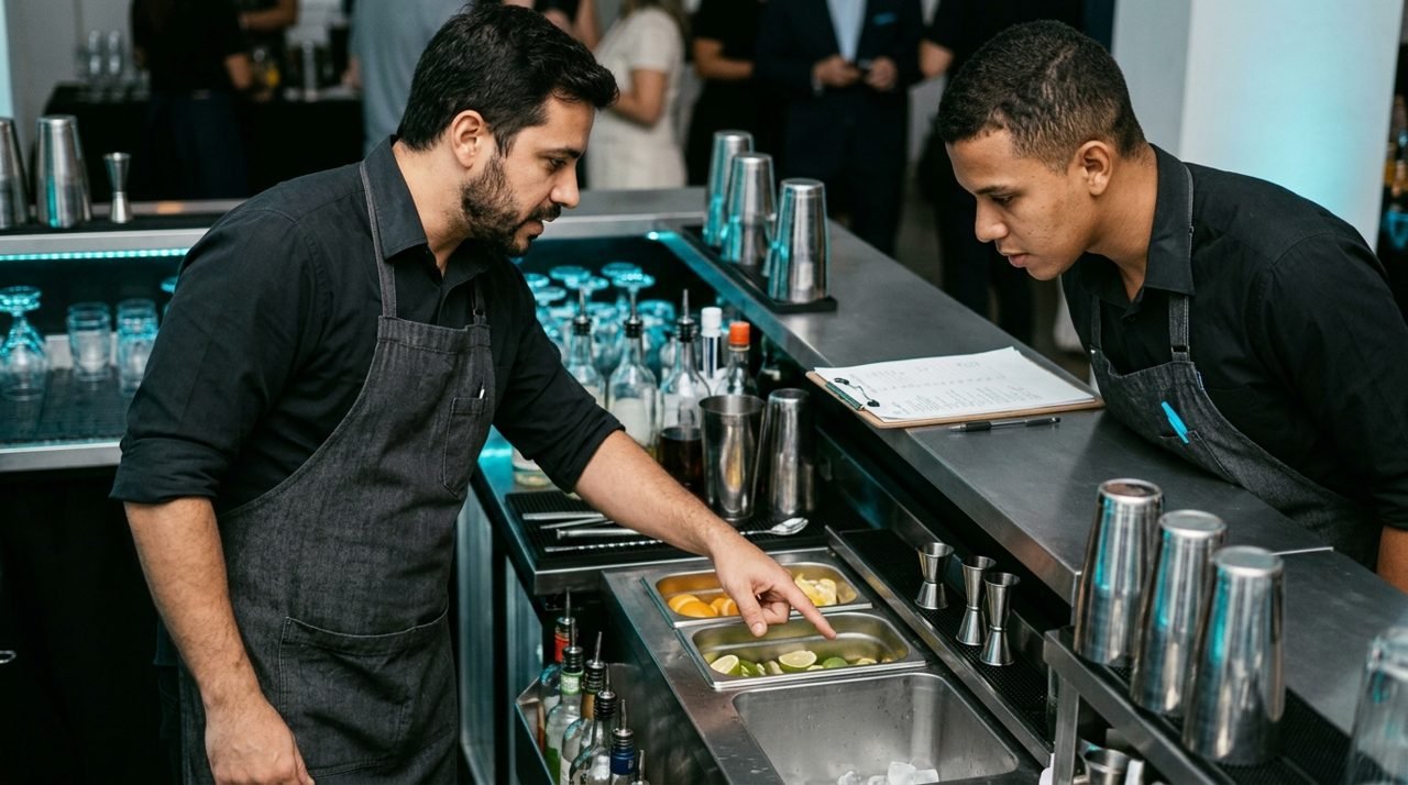 Dois profissionais observam juntos os recipientes de uma estação de bar.