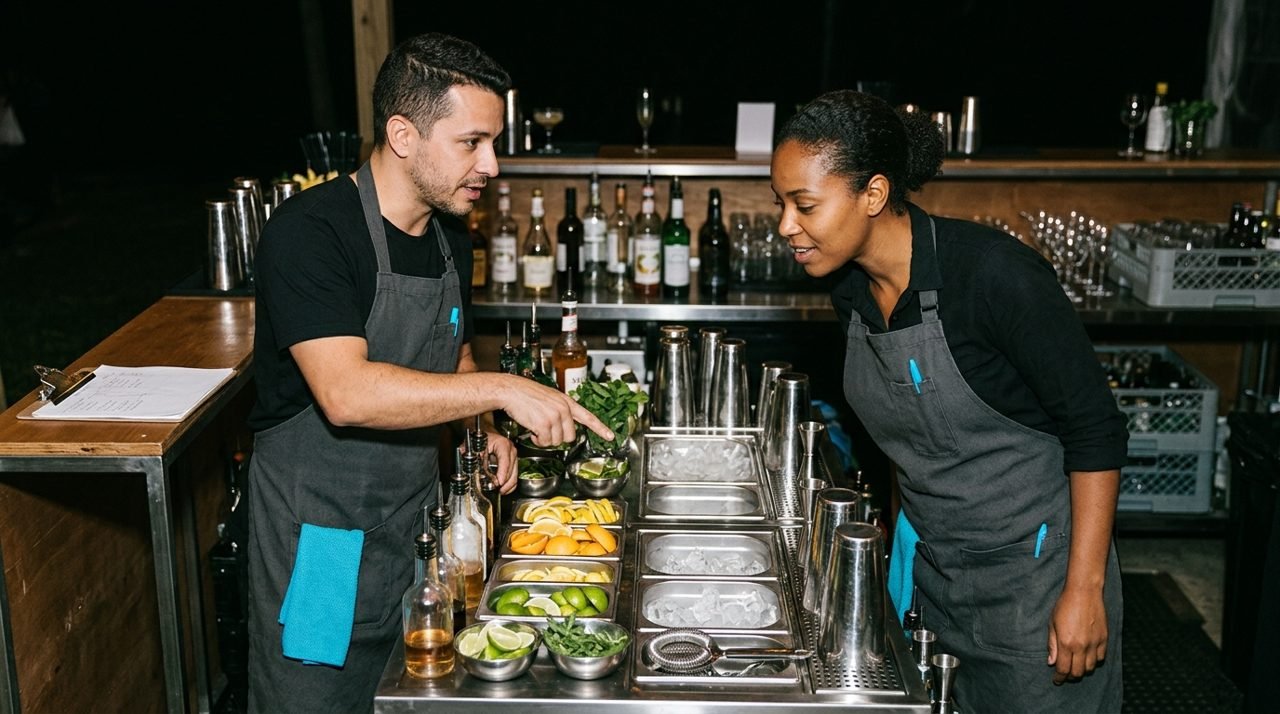 Duas profissionais conferem ingredientes e materiais na estação de bar.