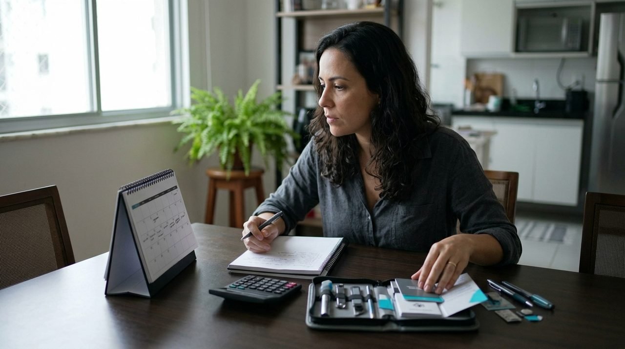 Pessoa organiza anotações em uma mesa com notebook e pequeno kit de bar.