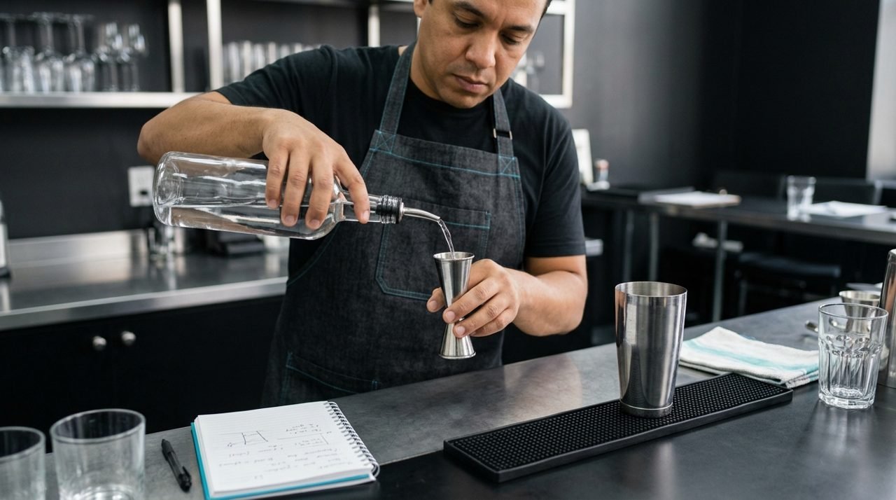 Pessoa pratica medição na bancada, com caderno e utensílios ao lado.