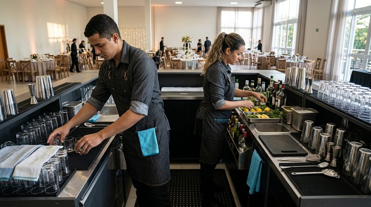Dois bartenders organizam uma longa estação antes da chegada dos convidados.