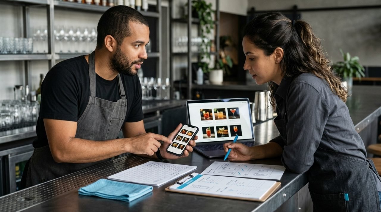 Dois profissionais comparam o cardápio em um celular e em um tablet.