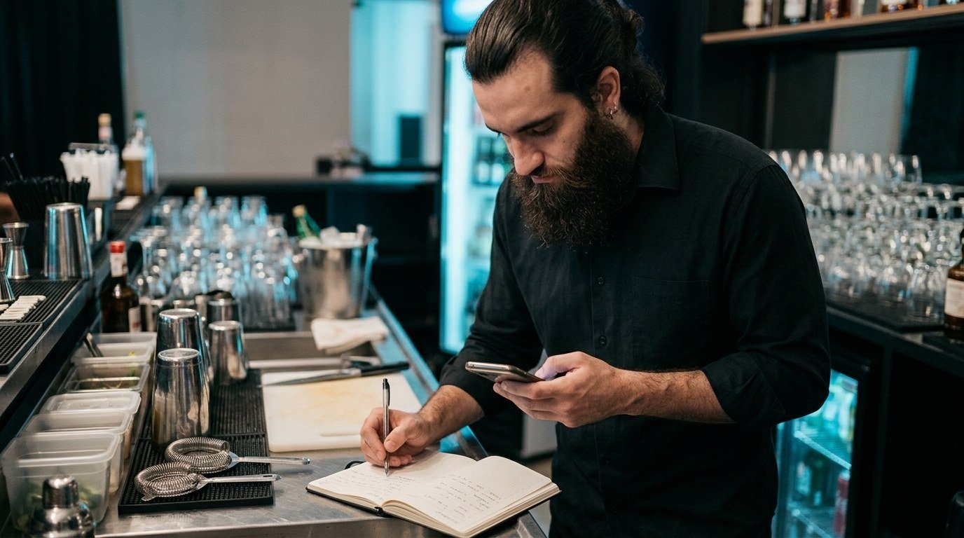 Bartender consulta o celular e anota informações em uma agenda na área de preparação do bar.