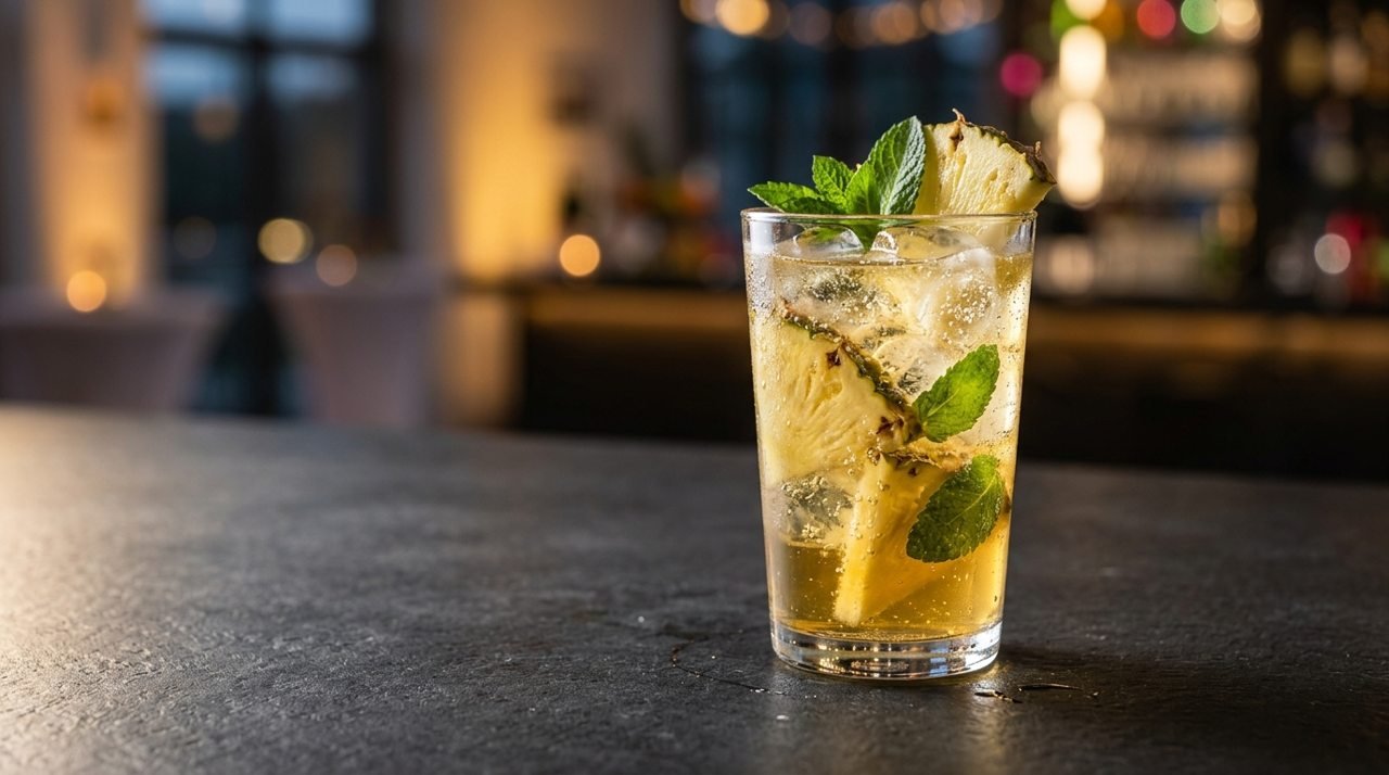 Tropical Gin dourado com gelo, hortelã e abacaxi no alto do copo.